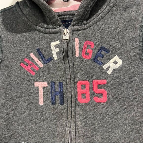 Tommy Hilfiger Girls' Zip Up Hoodie Heather Gray Pink Stripes Sz. Small (6-7) - Picture 2 of 9